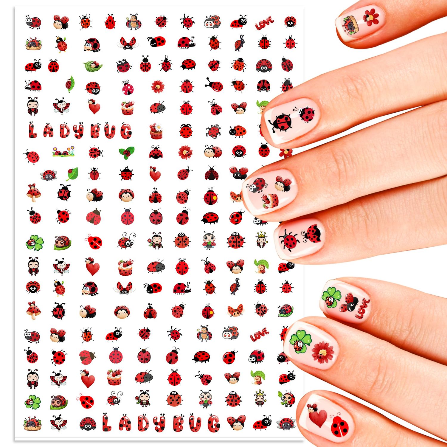Ladybug Nail Stickers for Kids - 816 Decals | Birthday Party Favors, DIY Fun, Gift Idea, Cute Nail Transfers, Flowers, Hearts, Easter Treat