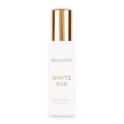 BellaVita Luxury White OUD Eau de Parfum Travel Size Edition 20 ml | Long-Lasting Mini Perfumes for Women | Notes: Vanilla, Amber, Musk &amp; Jasmine | Oud Pocket Perfume for Women | Cruelty-Free Perfume