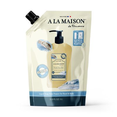A LA MAISON French Liquid Hand Soap Eco-Friendly Refill Pouch, Fresh Sea Salt - Natural Hand Wash Made with Essential Oils - Biodegradable, Plant-Based, Vegan, Alcohol &amp; Paraben Free (33.8 oz, 1 Pack)