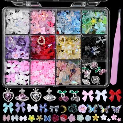 3D Nail Charms Cherry Heart Planet Nail Charms and Rhinestone, Junk Case Charms, Assorted Bows Flowers Color Butterfly Rose Star Heart Hollow Nails Art Charms for Acrylic Nails Art DIY