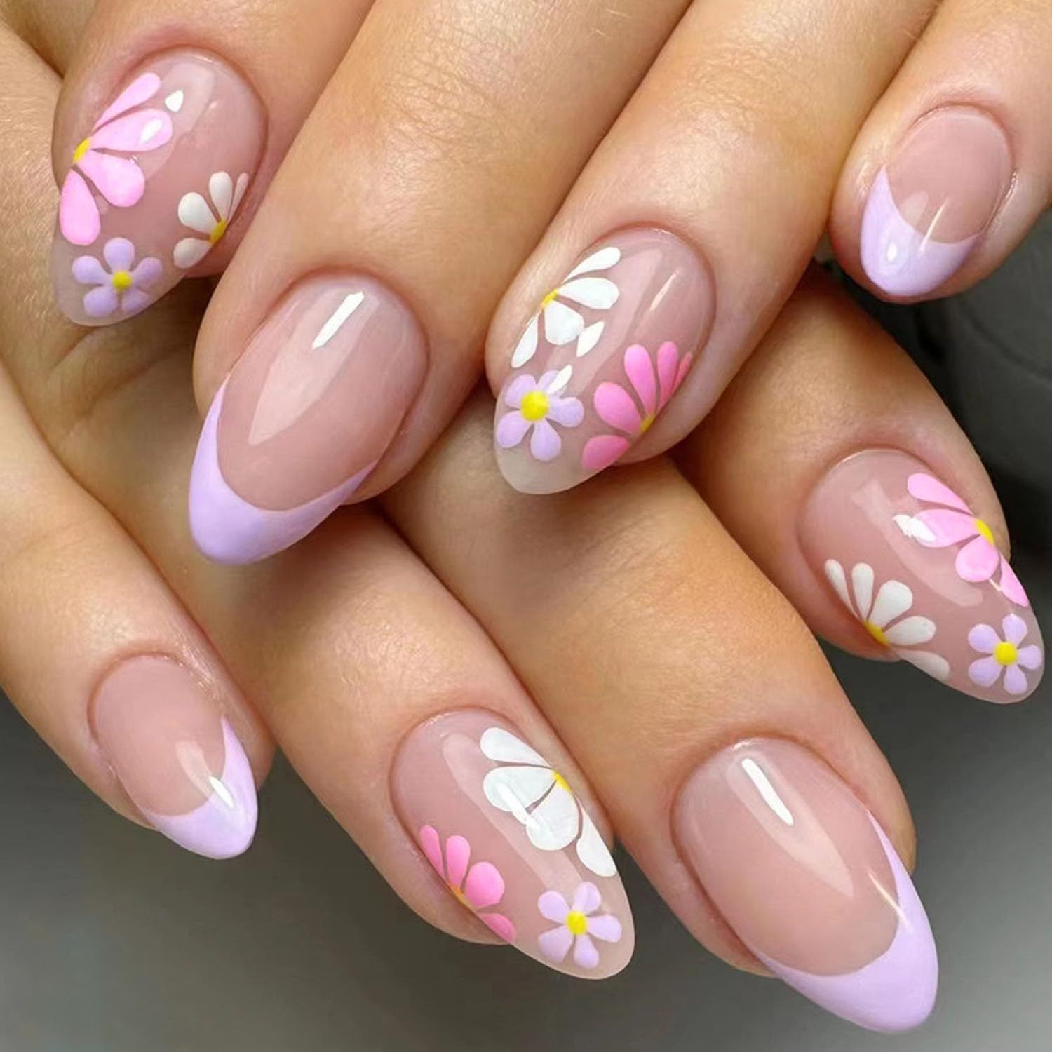 Flowers Press on Nails Short Almond Fake Nails Purple French Glue on Nails Nude Translucent Nails Press ons Spring Glossy Stick on Nails for Women 24 Pcs