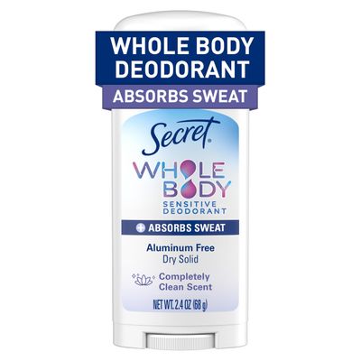 Secret Whole Body Deodorant Dry Feel Stick Absorbs Sweat for Women, Naturally Derived Ingredients, Completely Clean Scent, Aluminum Free Deodorant Stick, 72 HR Odor Protection, 2.4 oz