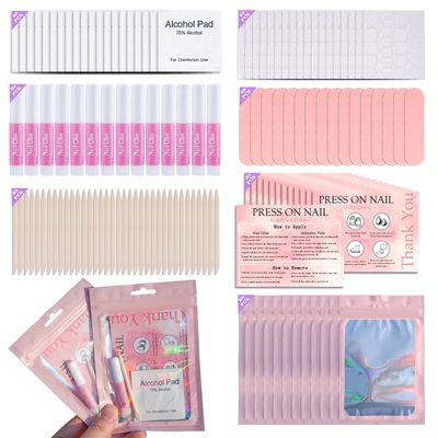 Disposable Nail Supplies Kits,Professional Manicure Press On Nail Tool Kit with Nail File,Nail Buffer,Adhesive Tabs,Nail Glue,Sticks, Prep Pads,Bags,Cards for Nail Business (140pcs20set-pink)