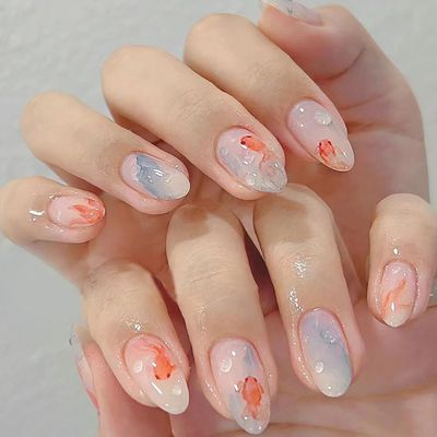 Press On Nails: Medium Length Goldfish 3D Bubble Design, Summer Charm, Full Cover, Reusable Coffin Nails, Artificial Acrylic Stick On, 24Pcs