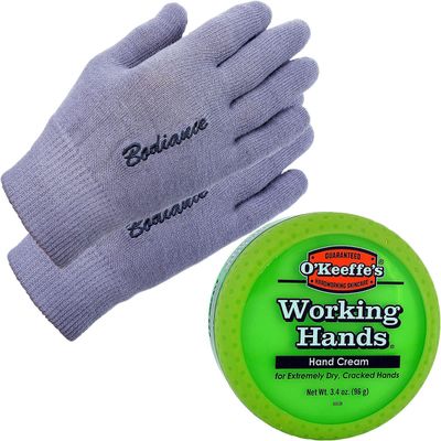 OKeeffes Working Hands Cream &amp; Gloves Bundle: Unscented, Non-Greasy 3.2 oz. Cream, Gel Moisturizing Gloves (1 pair, Gray)