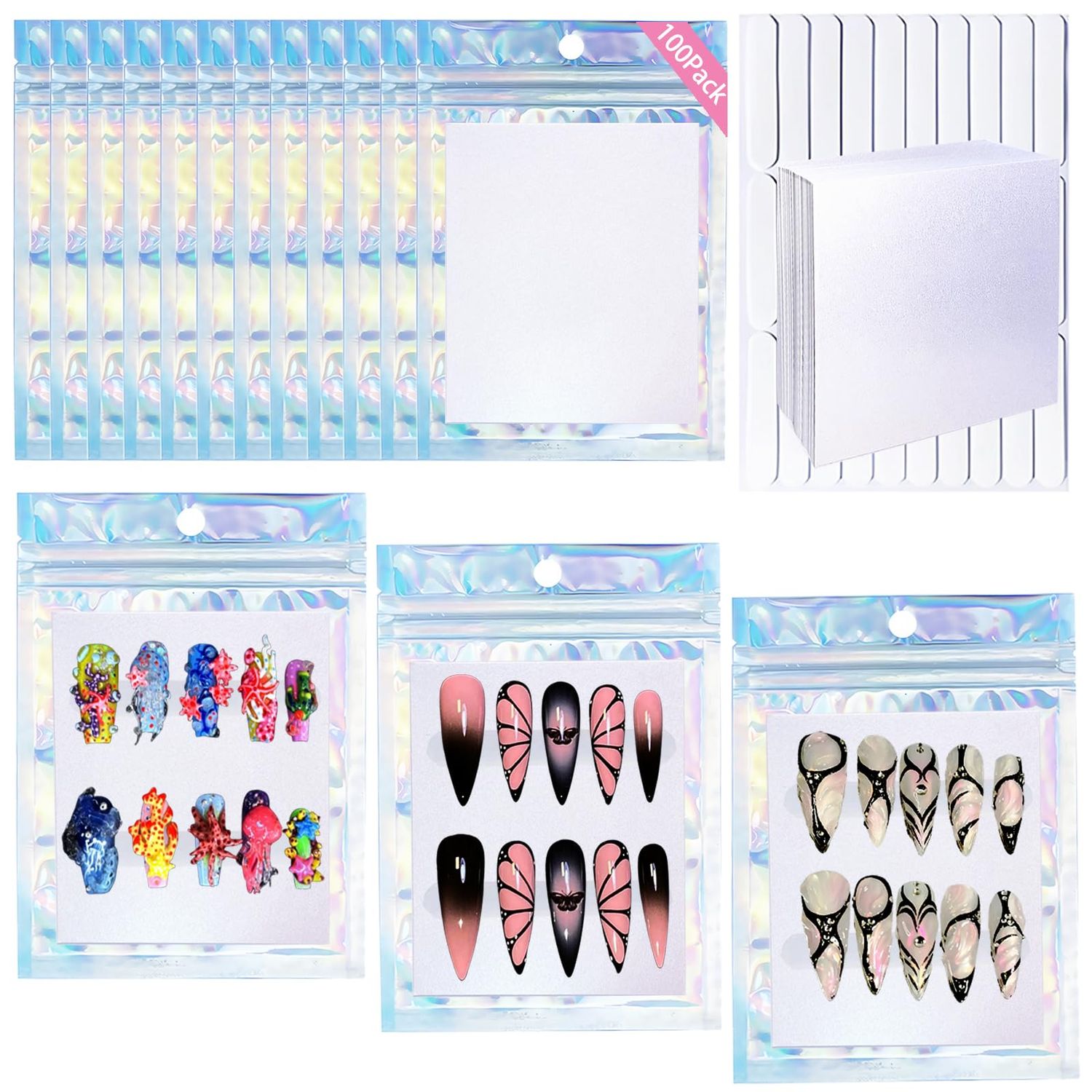 100PCS Holographic Nail Storage Bag Press on Nail Packaging Bags and 100PCS Shiny White Pearl Card Nail Tips Packaging Bag with 210 pcs Pre-cut Nail Tape Empty Nail Display Bag for Home Nail Salon Use