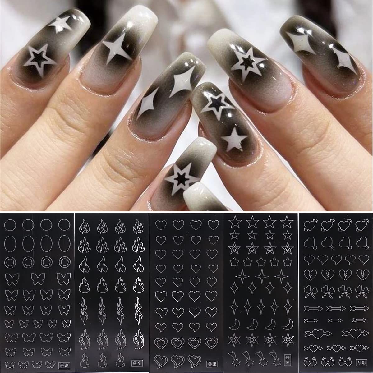 Airbrush Stencil for Nails 10 Sheets Heart Nail Charms Butterfly Bear Stars Hollow Nail Sticker Airbrush Templates French Manicure Tips Molds Nail Salon Supplies