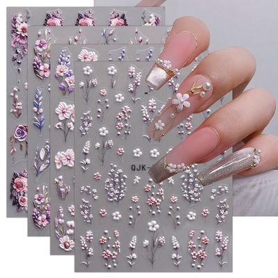 JMEOWIO 3D Embossed Flower Nail Art Stickers Decals Self-Adhesive 5D Spring Summer Floral Nail Supplies Nail Art Design Decoration Accessories 4 Sheets