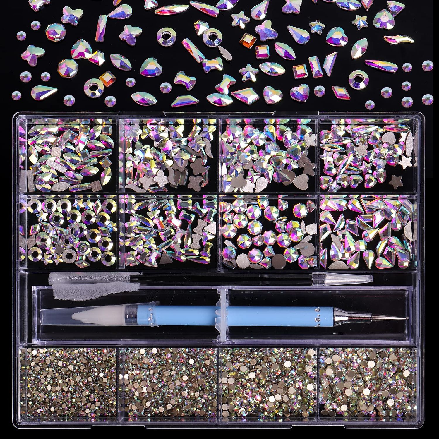 3320Pcs AB Nail Art Rhinestones Crystal,HOINCO 3D Rhinestones Gems Jewels Diamond,24 Types of 320 Diamonds 3000 Round Beads, Crystals 3D Flat Back Gemstones for Nail DIY Crafts with Tweezers Pen