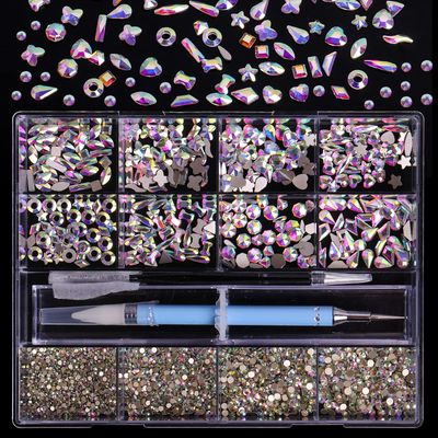 3320Pcs AB Nail Art Rhinestones Crystal,HOINCO 3D Rhinestones Gems Jewels Diamond,24 Types of 320 Diamonds 3000 Round Beads, Crystals 3D Flat Back Gemstones for Nail DIY Crafts with Tweezers Pen