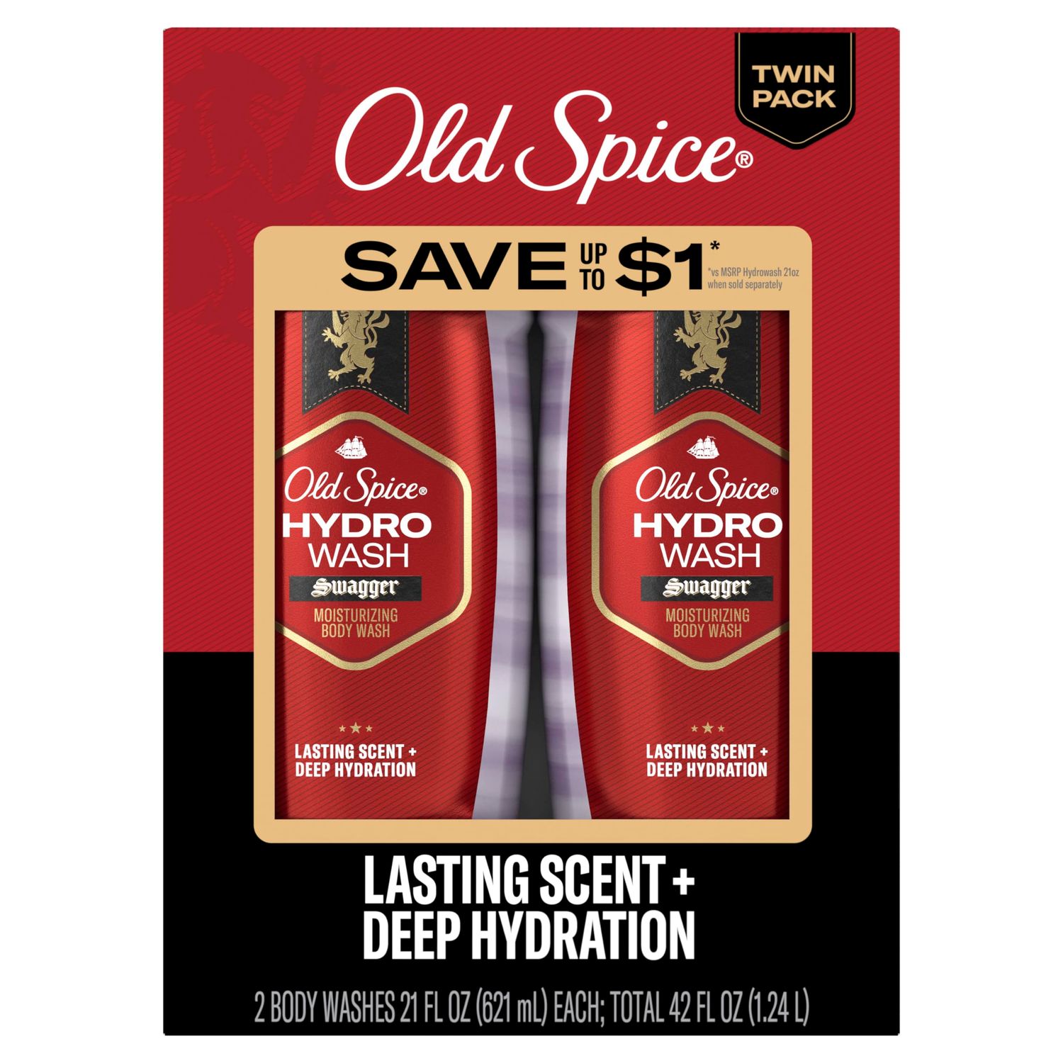 Old Spice Moisturizing Body Wash for Men, Hydro Wash, 2-in-1 Long Lasting Scent &amp; Deep Hydration, 24/7 Shower Fresh, Swagger Scent, 21 oz (Pack of 2)
