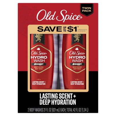 Old Spice Moisturizing Body Wash for Men, Hydro Wash, 2-in-1 Long Lasting Scent &amp; Deep Hydration, 24/7 Shower Fresh, Swagger Scent, 21 oz (Pack of 2)