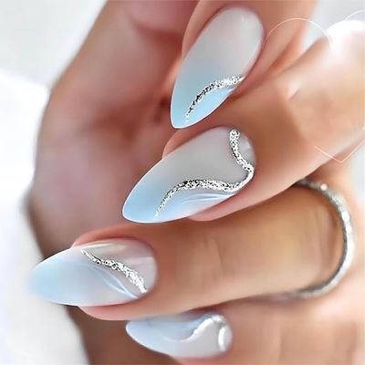 RUOKEXIN Nail Press ons Almond Press on Nails Medium Fake Nails Blue Ombre Acrylic False Nails with Silver Ripple Line Designs Glitter Artificial Nails Spring Glossy Stick on Nails for Women 24Pcs