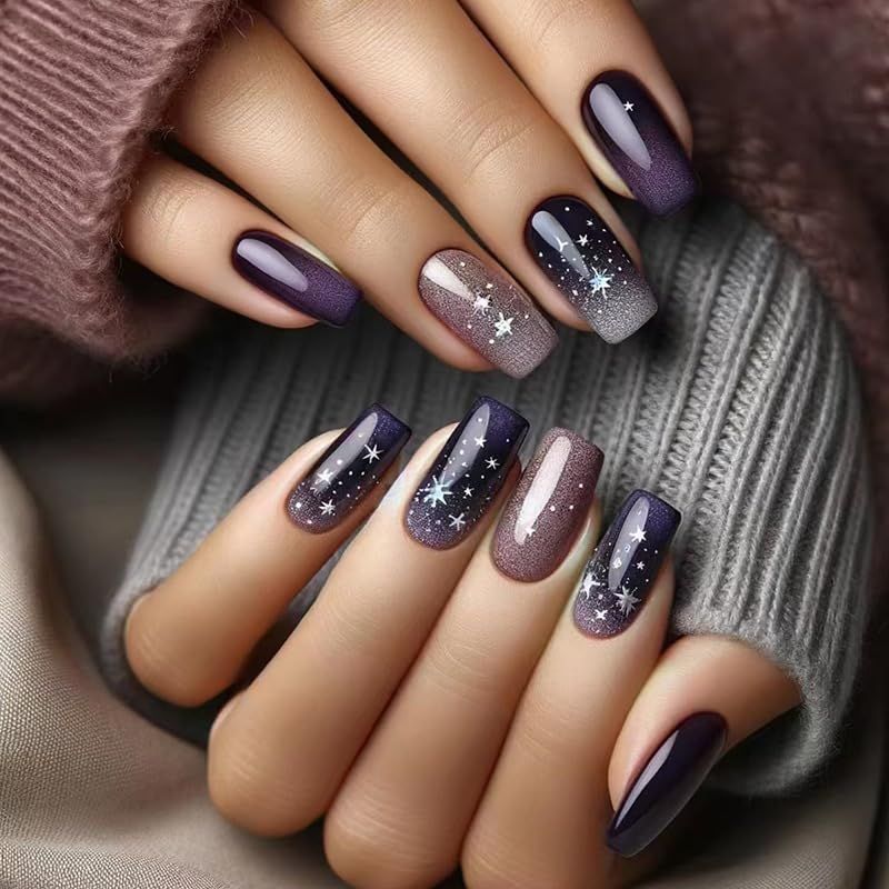 Square Press on Nails Medium Star Fake Nails Dark Purple Ombre Acrylic Nails Glitter Glue on Nails False Nails Press ons Glossy Reusable Artificial Nails for Women Manicure Art 24Pcs
