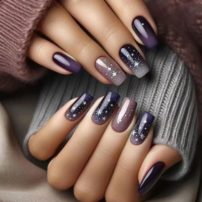 Square Press on Nails Medium Star Fake Nails Dark Purple Ombre Acrylic Nails Glitter Glue on Nails False Nails Press ons Glossy Reusable Artificial Nails for Women Manicure Art 24Pcs