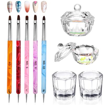 9Pcs Nail Art Brushes Set: 2 Dappen Dish with Lid &amp; 2 Crystal Monomer Dish &amp; 5 Acrylic Nail Brush