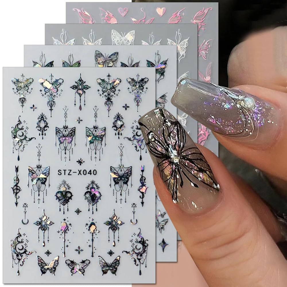 3D Punk Metallic Black &amp; Aurora Butterfly Nail Decals - Pink &amp; Silver Butterfly Stickers for Women