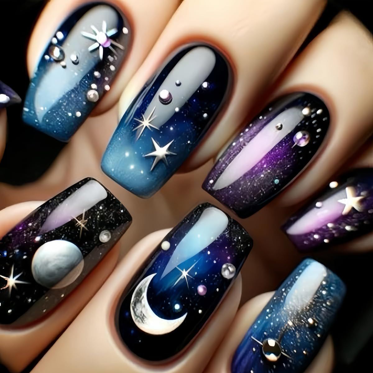 24 Pcs Press on Nails Medium Square Fake Nails Press ons Acrylic Nail Art Kit Glue on Nails Moon Star Space Design Acrylic False Nails Glitter Full Cover Stick on Nails for Women and Girls