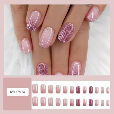 Glitter Ombre Press on Nails Short Square - WLGDLH Pink Fake Nails Acrylic Nails Press ons Nail Art Tips With Glitter Design Full Cover Glossy False Nails Stick on Nails for Women 24Pcs