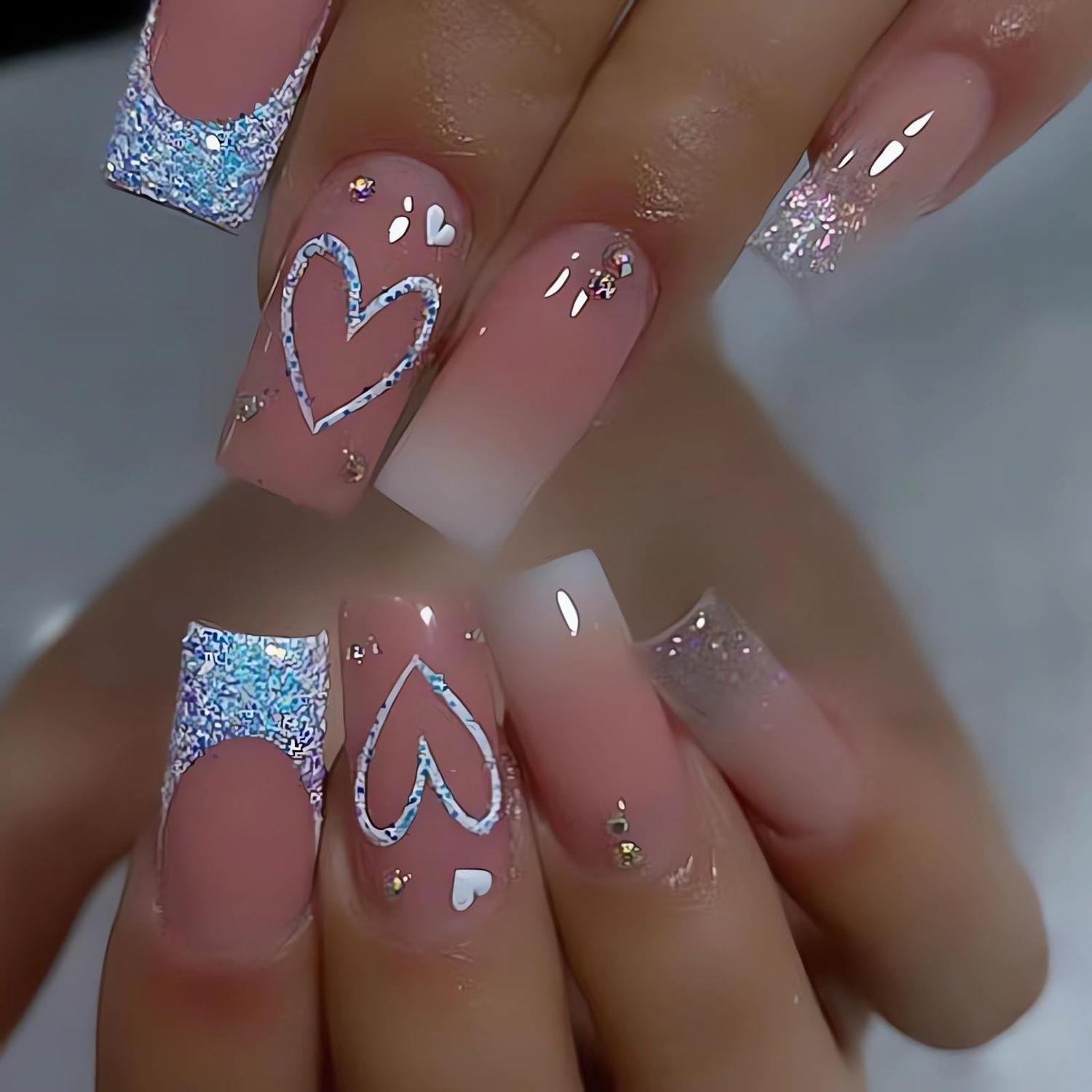 SINSEN Square Press on Nails Medium Length - French Tip Press on Nails Heart Deign, Glossy Pink Fake Nails with Adhesive Glue Stickers, Reusable Stick on Nails in 12 Sizes, 24 Pcs Medium French Nails
