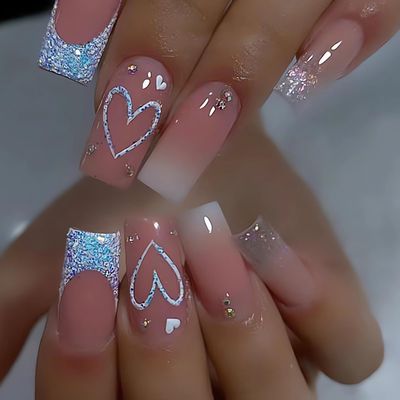SINSEN Square Press on Nails Medium Length - French Tip Press on Nails Heart Deign, Glossy Pink Fake Nails with Adhesive Glue Stickers, Reusable Stick on Nails in 12 Sizes, 24 Pcs Medium French Nails