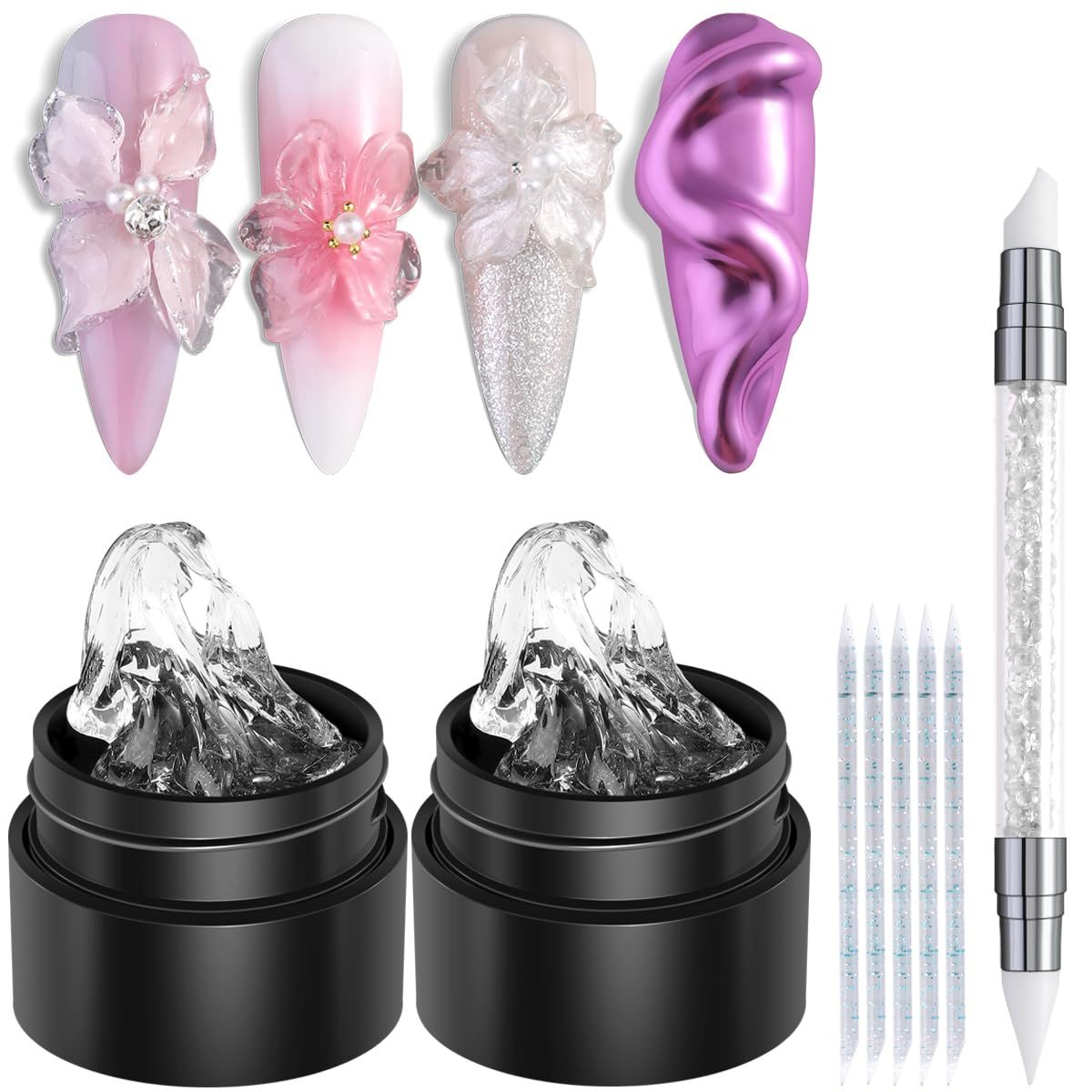 Fcozpjk 2PCS Clear 3D Sculpting Gel Kit - Non-Sticky Hand Carving Gel with Silicone Pen for Nails 3D Flowers Nail Design Manicure Salon Supplies