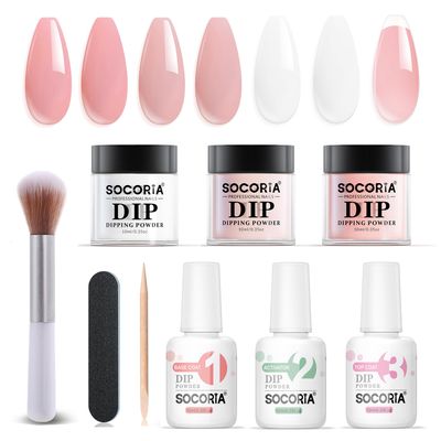 SOCORIA Dip Powder Nail Kit Starter, Gentle Nude Pink Milky White Neutral Skin Color and Dipping Powder Liquid Set with Base Top Coat and Activator for French Nail Art Manicure DIY Salon 9PCS
