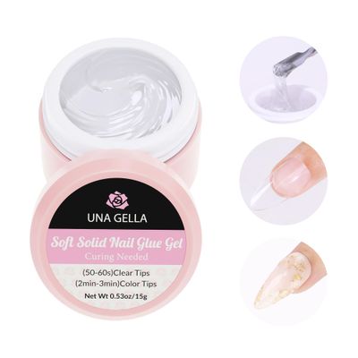 UNA GELLA Solid Nail Glue, Strong Adhesive Solid Nail Glue Gel for Press On Nails Tips 15g - Hard Gel Nail Extension for Clear Acrylic Fake Nails Home Salon, U V Curing Needed