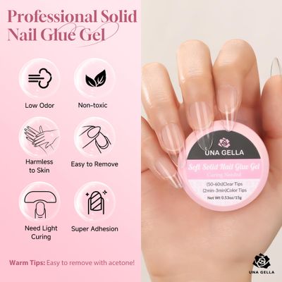 UNA GELLA Solid Nail Glue, Strong Adhesive Solid Nail Glue Gel for Press On Nails Tips 15g - Hard Gel Nail Extension for Clear Acrylic Fake Nails Home Salon, U V Curing Needed