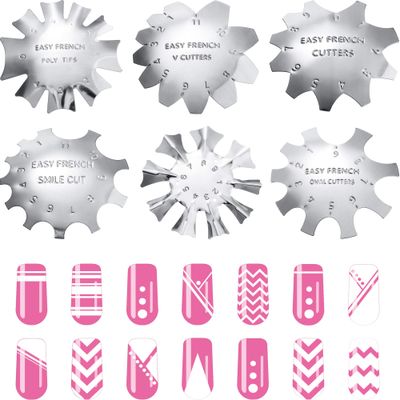 6 Pieces Nail Manicure Edge Trimmer Diy Plate Module, Stainless Steel Easy French Smile Line Gel Cutter Tool, Nail Acrylic Tool Kit, 6 Patterns (Silver)