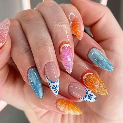 Summer Press on Nails Almond Medium Nails Press ons with Fruit Designs Blue Fake Nails Glossy Glue on Nails French Tip Flase Nails Nude Acrylic Nails Cute Stick on Nails for Women 24Pcs
