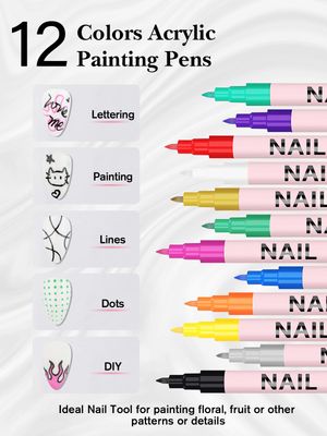 EBANKU 12 Colors Nail Art Pens Set, 3D 0.7MM Nail Polish Pens Quick-Drying Nail Art Acrylic Paint Nail Point Dotting Liner Pen Tools for Home &amp; Salon Nail DIY