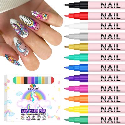 EBANKU 12 Colors Nail Art Pens Set, 3D 0.7MM Nail Polish Pens Quick-Drying Nail Art Acrylic Paint Nail Point Dotting Liner Pen Tools for Home &amp; Salon Nail DIY