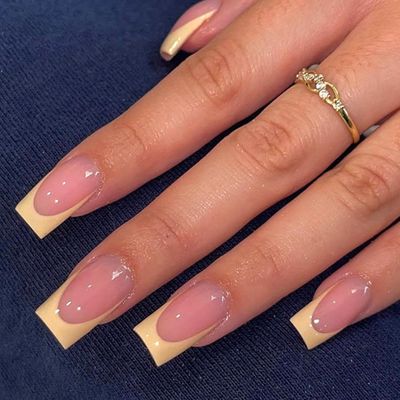 Medium Square Press on Nails Yellow French Tip False Nails Glossy Full Cover Stick on Nails with Glue on Nails Reusable Acrylic Artificial Nails for Women Girls