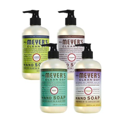 MRS. MEYERS CLEAN DAY Liquid Hand Soap 4 Pack Variety, Lemon Verbena, Lavender, Basil, Compassion Flower, 12.5 OZ Each, 1 CT