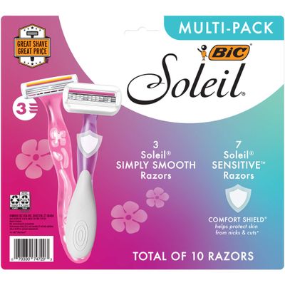 BIC Soleil Simply Smooth Womens Disposable Razors; 3 Blades With Moisture Strip For a Silky Smooth Shave; 10-Count