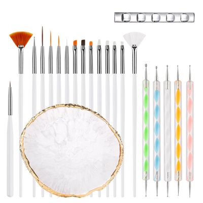 Nail Art Brush 22 Piece Set, 2 Way Acrylic Silicone Engraving Pen Dotting Pen Tools Nail Art Kit, Resin Nail Art Palette, For Nail Art DIY Home Salon Makeup Display Board (White)