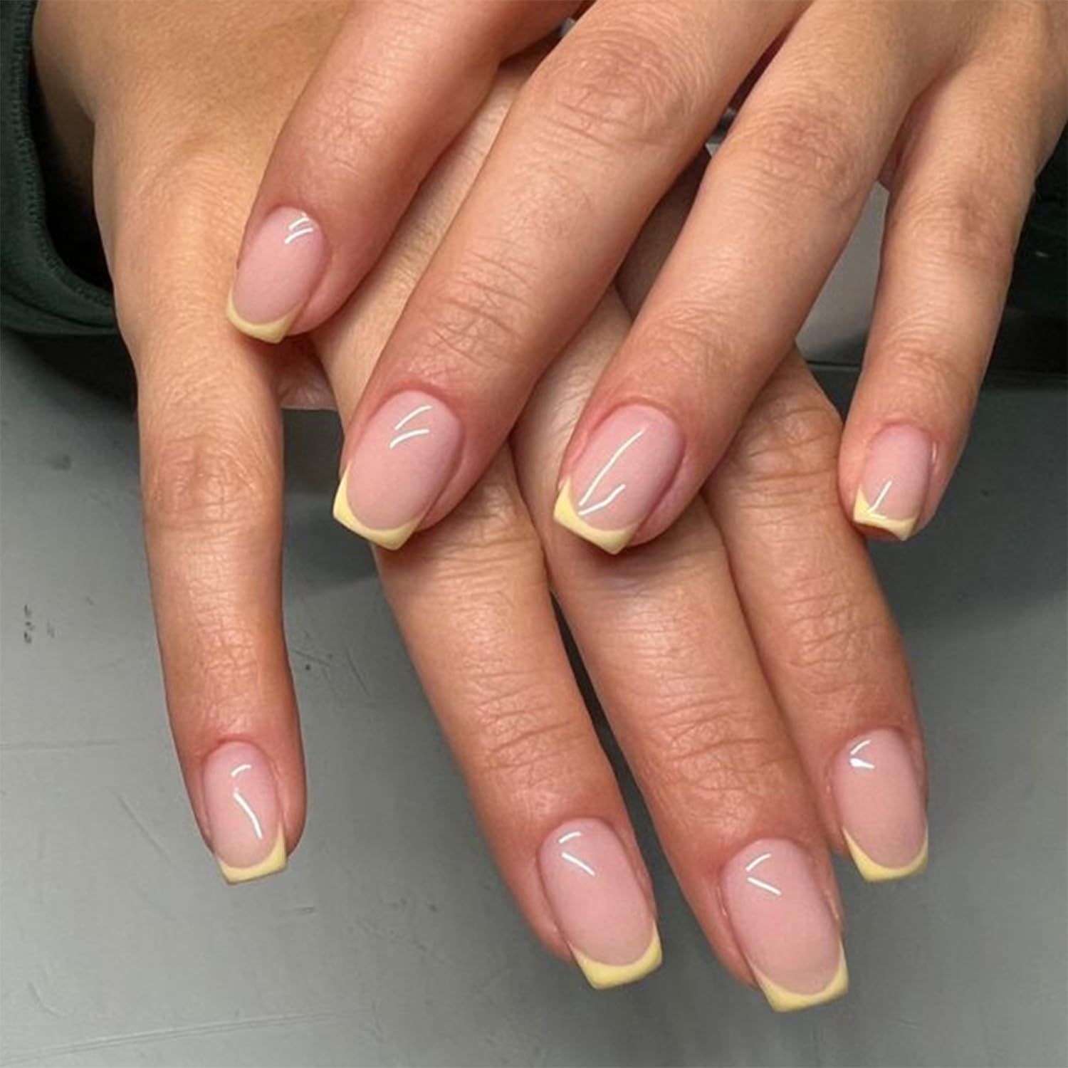 Yellow French Tip Press on Nails Short Square Fake Nails Glossy Acrylic Glue on Nails Reusable Full Cover Stick on Nails for Women