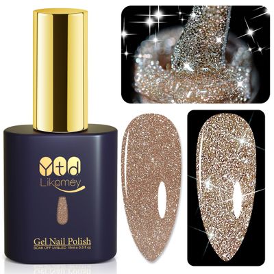 YTD Likomey Reflective Glitter Gel Nail Polish,15ml Champagne Gold Flash Diamond Shimmer Nails Gel,Sparkly Shiny Salon Home Nail Art Manicure UV Nail Gel,SZ012