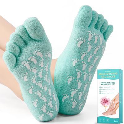 MoyRetty Moisturizing Silicone Gel Socks with 5-Toes, Dry Cracked Feet Treatment, Gel Socks for Dry Cracked feet Women Lavender Oil Infused-Green
