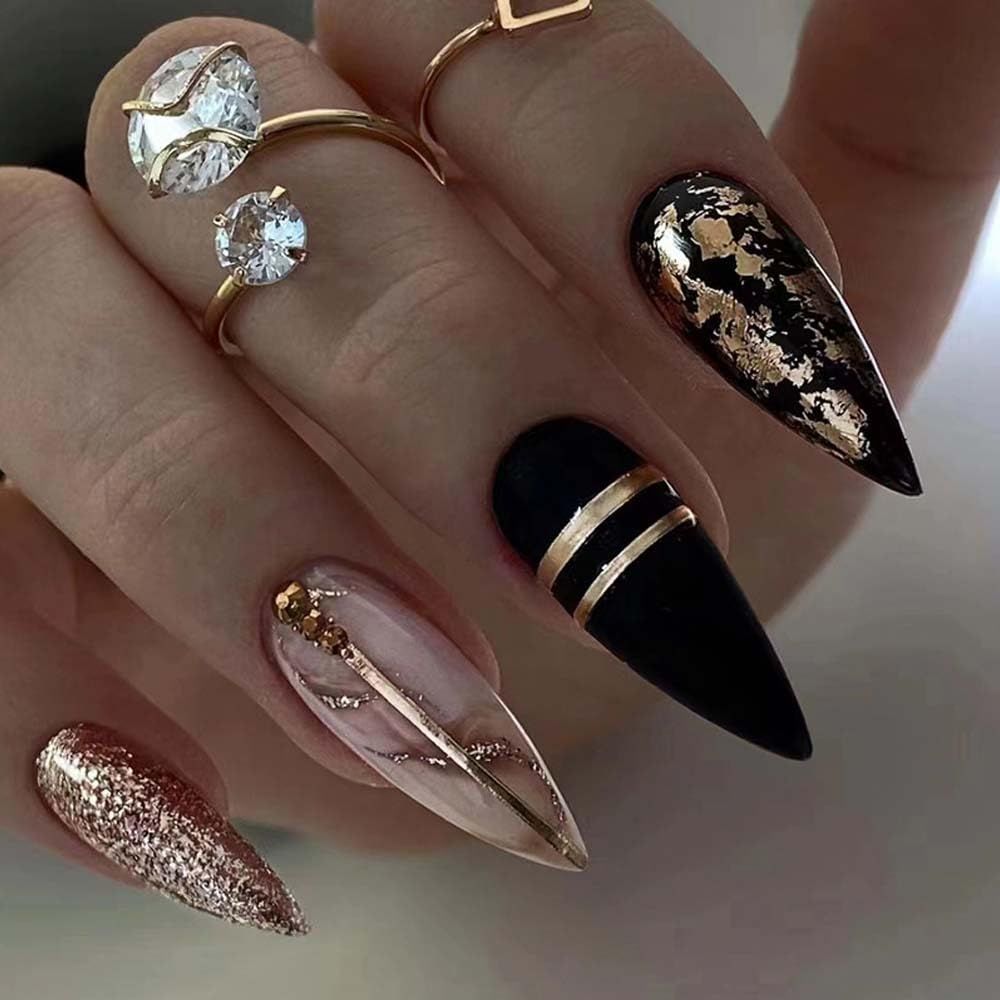 ANDGING Black Press-on Nails - Short &amp; Medium Stiletto, Gold Glitter Bling Design, Acrylic Glue False Nails, 24pcs