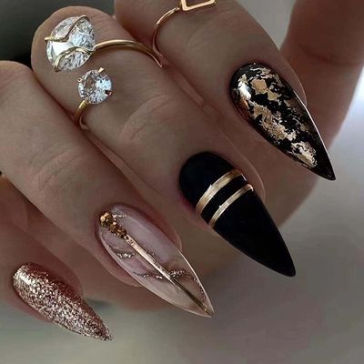 ANDGING Black Press-on Nails - Short &amp; Medium Stiletto, Gold Glitter Bling Design, Acrylic Glue False Nails, 24pcs