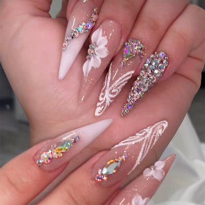IMRAIN Press on Nails Long Stiletto Fake Nails Nude White French Tips Nails Press ons Full Cover Almond Artificial Glitter False Nails with Rhinestone Designs Glossy Glue on Acrylic Nails 24Pcs