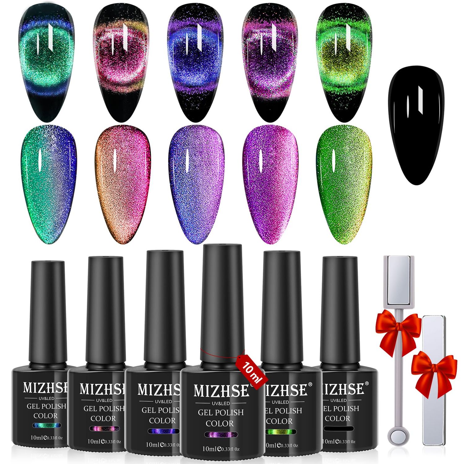 MIZHSE 9D Cat Eye Gel Nail Polish, Magnetic Cat Eye Gel Polish Set, 10ml6 with 2 Magnets, Classic Colors Chameleon Magic Galaxy Effect Soak off Nail Art, Sparkle Stunning Gel Polish Gift for Women