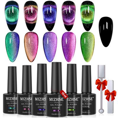 MIZHSE 9D Cat Eye Gel Nail Polish, Magnetic Cat Eye Gel Polish Set, 10ml6 with 2 Magnets, Classic Colors Chameleon Magic Galaxy Effect Soak off Nail Art, Sparkle Stunning Gel Polish Gift for Women