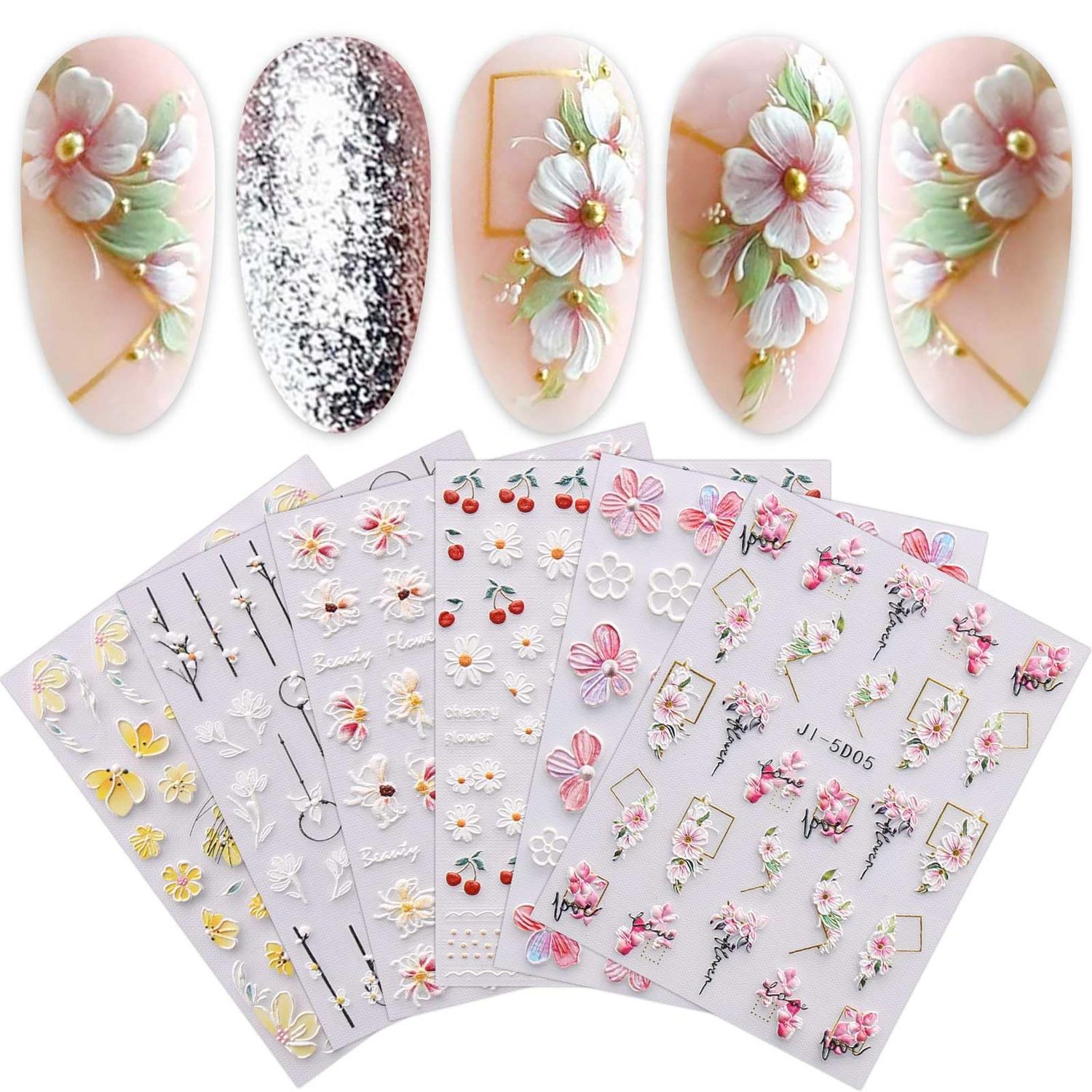 3D Embossed Flower Spring Summer Nail Stickers, 6 Sheets 5D Self-Adhesive Embossed Nail Decal Leaves Nail Art Decoration Design Supplies