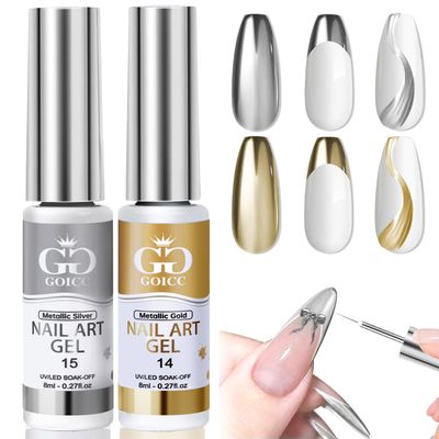 Metallic Chrome Nail Polish Gold Gel Liner For Nail Art Chrome Bronze Gold And Silver Nail Polish 8ml 3D Mirror Chrome Effect Painting Gel with Thin Brush for French Nail Design Curing Requires