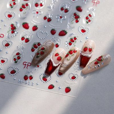UEYRSEDB 5D Embossed Strawberry Nail Stickers Red Crystal Rhinestone Nail Art Stickers Self-Adhesive Heart Nails Decals Cute Red Bow Design Spring Strawberry Nails Supplies for Women Manicure DIY
