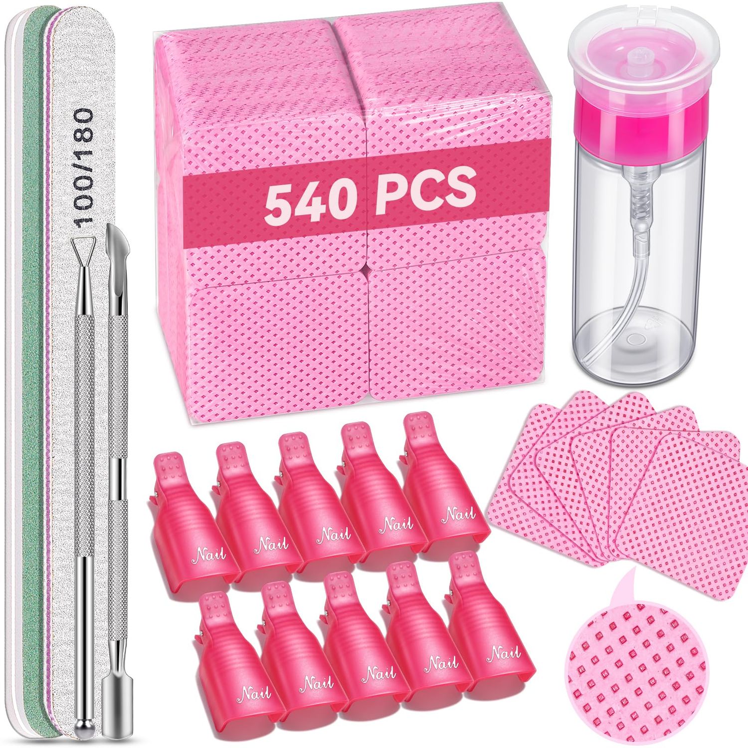 TsMADDTs Gel Nail Polish Remover Tools Kit with 540 Lint Free Wipes, 10 Soak Off Clips, 100ml Nail Polish Remover Bottle, Cuticle Pusher/Peeler, File, Buffer Block