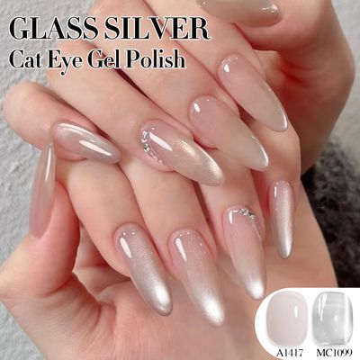 Double Rhythm Jelly Glass Cat Eye Gel Polish with Magnet 15ML Holographic Glitter Shimmer Translucent Sheer Color Magnetic Nail Polish Salon DIY at Home (Jelly Silver-MC1099)